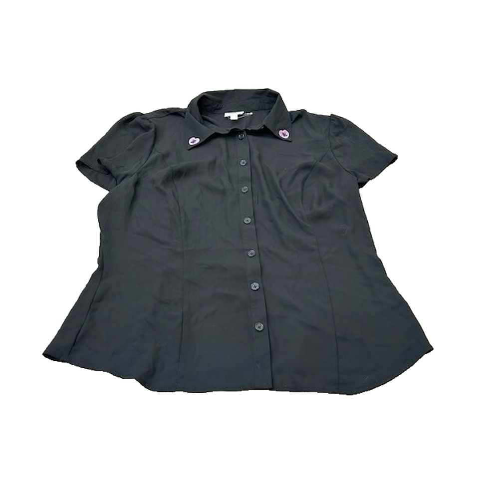 Unique Vintage Womens Button Up Blouse Embroidered Short Sleeve Black Size 1X/16